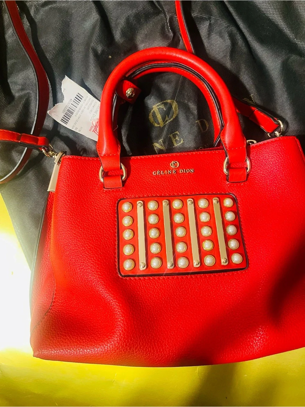 CÉLINE DION Red Pearl-Embellished Leather Satchel